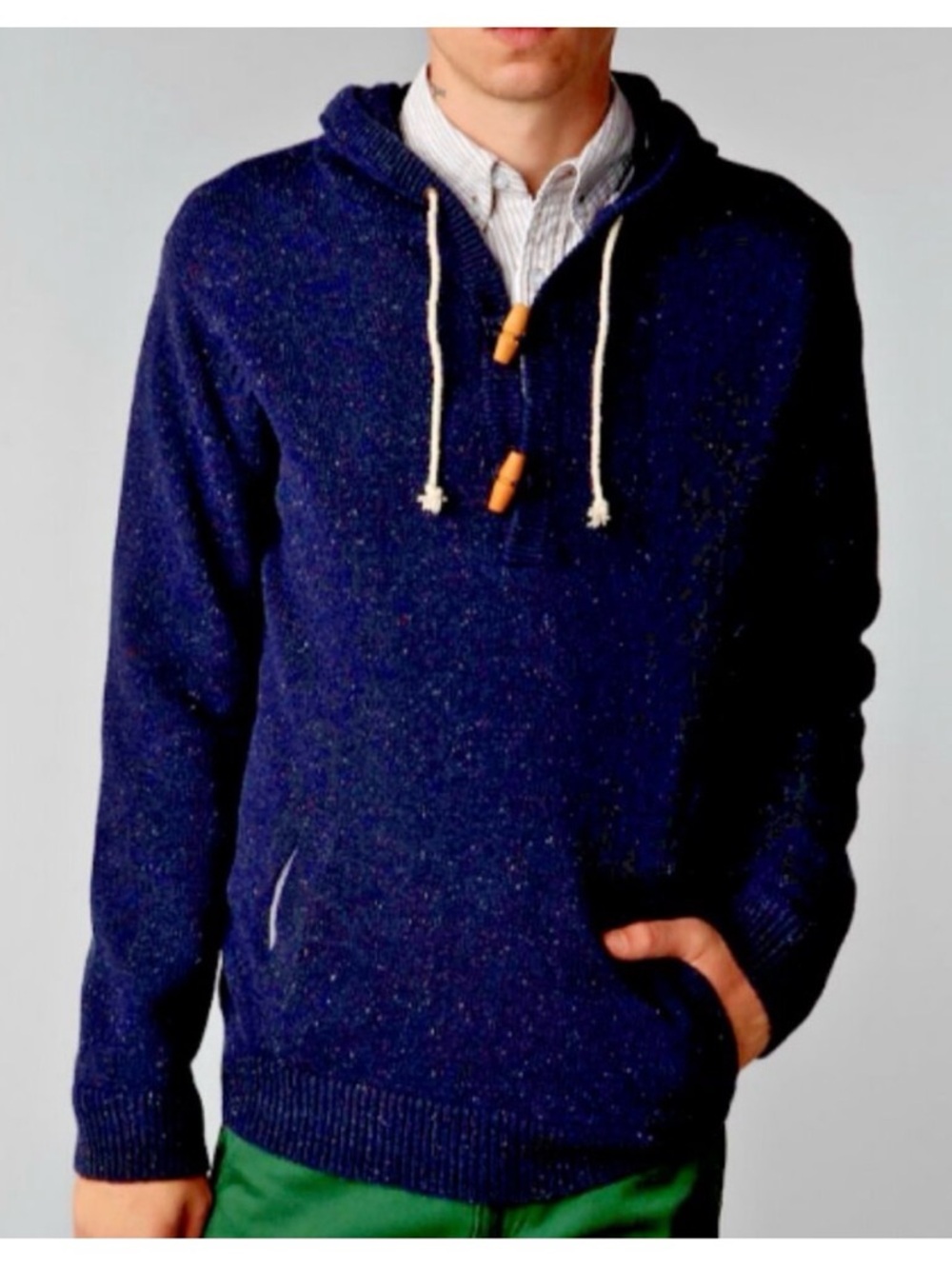 Men's Navy Hooded Crewneck Sweater with Toggle Drawcords